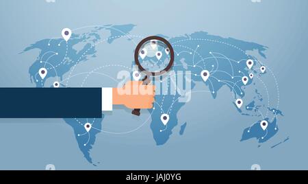 Main courante Loupe sur carte du monde Vous cherchez pour des vacances broche Gps Illustration de Vecteur