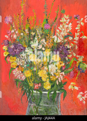 Peinture à l'huile illustrant un bouquet de fleurs dans un vase de verre sur fond rouge Banque D'Images