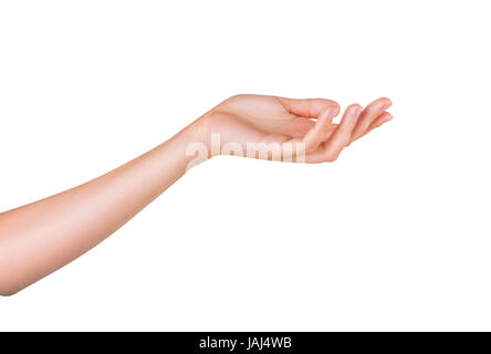 Ouvrir a woman's hand, paume vers le haut isolé sur fond blanc Banque D'Images