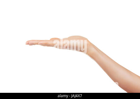 Ouvrir a woman's hand, paume vers le haut isolé sur fond blanc Banque D'Images