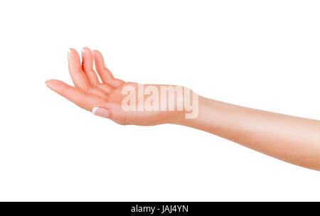 Ouvrir a woman's hand, paume vers le haut isolé sur fond blanc Banque D'Images