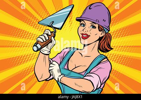 Construction Worker with trowell. Professionnel Femme Illustration de Vecteur