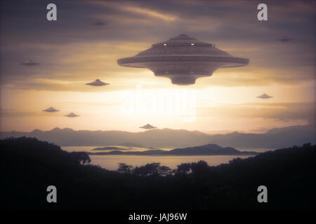 3D illustration avec la photographie. Alien invasion de vaisseaux spatiaux. Banque D'Images