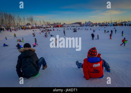 Harbin, Chine - Février 9, 2017 : pas de visiteurs ayant l'amusement dans le Harbin International Ice and Snow Sculpture Festival, le plus grand festival de glace et de neige. Banque D'Images