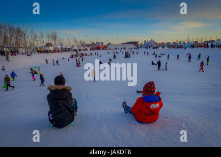 Harbin, Chine - Février 9, 2017 : pas de visiteurs ayant l'amusement dans le Harbin International Ice and Snow Sculpture Festival, le plus grand festival de glace et de neige. Banque D'Images