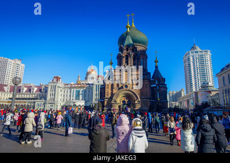 Harbin, Chine - le 9 février 2017 : Cathédrale Sainte-Sophie, est une ancienne église orthodoxe russe situé dans le quartier central de Daoli. Banque D'Images