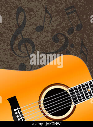 Gros plan guitare acoustique avec des notes de musique Background Illustration Banque D'Images