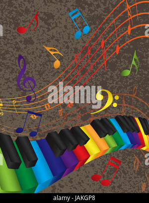 Résumé ondulées 3D Piano Clavier avec touches de couleurs arc-en-ciel et des notes de musique Background Illustration Banque D'Images