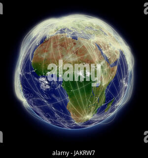 Réseau de routes aériennes au-dessus de l'Afrique sur la planète Terre bleu isolé sur fond noir. Surface de la planète très détaillées. Éléments de cette image fournie par la NASA. Banque D'Images