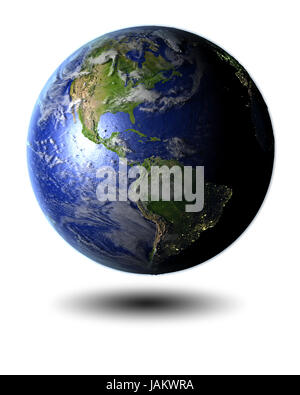 Amériques Le Globe planant au-dessus de la surface blanche. 3D illustration avec les nuages, l'atmosphère et les lumières de la ville, isolé sur fond blanc. Éléments de thi Banque D'Images