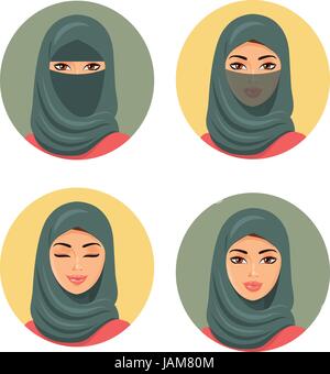 Définir quatre avatars filles arabes dans différentes coiffes traditionnelles. Isolées. Vecteur. Jeune femme arabe icons set girls portrait en bandes de hijab. Illustration de Vecteur