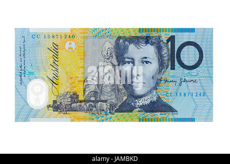 Billet de 10 dollars australiens sur un fond blanc Banque D'Images