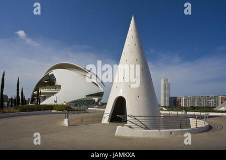 Espagne,Valence,Science Center,'ville des arts et sciences de l',europe,Catalogne,ville,musée,bâtiment,centre d'exposition du centre d'événements,ossature,architecture,modernes,opera,opéra,palais de musique,carre,tour,point,d'entrée à l'extérieur, Banque D'Images