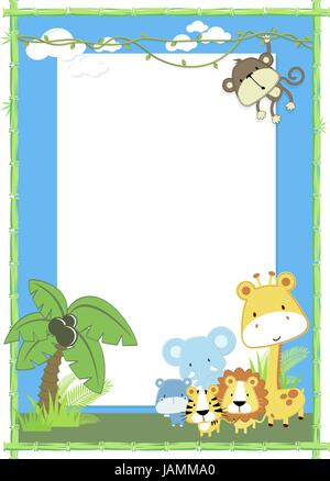 Cute baby jungle jungle animaux plantes et cadre en bambou Illustration de Vecteur