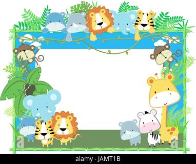 Cute baby jungle jungle animaux plantes et cadre en bambou, format vecteur très facile à modifier, des objets Illustration de Vecteur