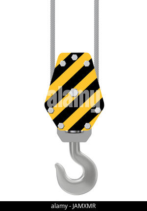 Le crochet de la grue jaune et noir avec de gros câbles en acier suspendu Banque D'Images