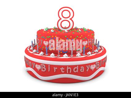 Un gâteau d'anniversaire rouge crème avec l'âge sur le dessus et le lettrage Joyeux Anniversaire Banque D'Images