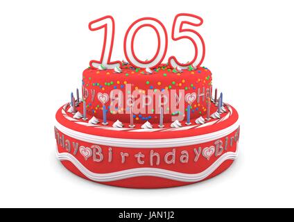 Un gâteau d'anniversaire rouge crème avec l'âge sur le dessus et le lettrage Joyeux Anniversaire Banque D'Images
