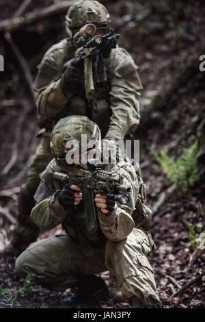 En mission militaire avec des fusils d'assaut dans les bois pendant la journée Banque D'Images