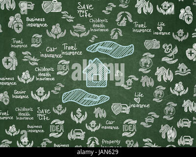 Concept d'assurance : Blue House et Palm icône sur fond de la commission scolaire avec l'assurance-dessinés à la main, icônes, School Board Banque D'Images