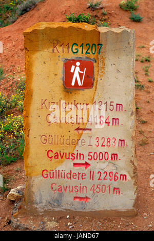 Poteau de signalisation pour diverses promenades autour de la Vallée Rouge dans le parc national de Göreme, Cappadoce, Turquie. Banque D'Images