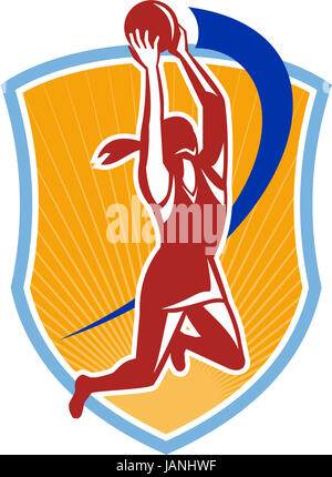 Illustration d'un joueur de balle rebondissant netball capture situé dans le bouclier sur fond blanc isolé. Banque D'Images