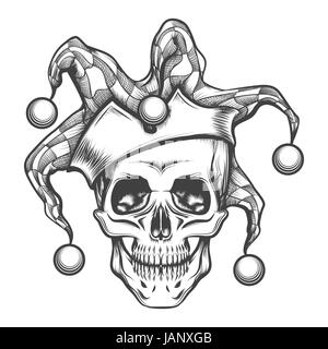 Hand drawn jester crâne dans fools pac. Vector illustration en gravure style tatouage. Illustration de Vecteur