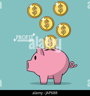 Affiche en couleurs de bénéfice avec l'argent coins falling in piggy bank Illustration de Vecteur