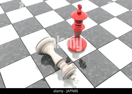 3d illustration : deux chiffres d'échecs sur le terrain de jeu. Roi rouge est un gagnant et un perdant white lies se prosterner à ses pieds. Tombé. En jeu de plateau. Banque D'Images