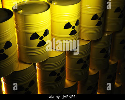 Arrière-plan de barel et jaune 3d signe radioactif Banque D'Images