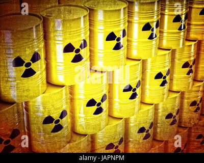 Arrière-plan de barel et jaune 3d signe radioactif Banque D'Images