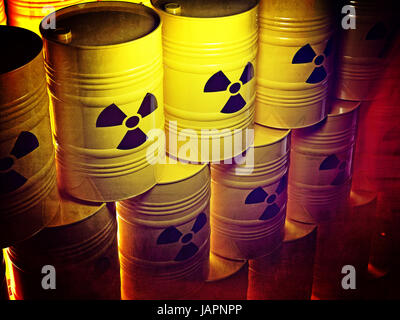 Arrière-plan de barel et jaune 3d signe radioactif Banque D'Images