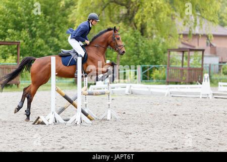 Les jeunes cavaliers sautez sur bay horse plus d'un obstacle sur le saut. Sport équestre background with copy space Banque D'Images