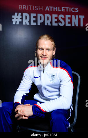 La société britannique Jonnie Peacock au cours de l'Athlétisme britannique pour lancer l'équipe de Para Para du monde d'athlétisme au Stade de Londres. Banque D'Images