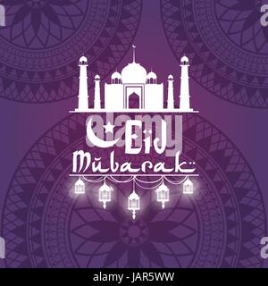 Fond de couleur violet rond ornement géométrique arabe avec l'Eid Mubarak lettrage calligraphie dessiné à la main et allumé les lampes bougies Illustration de Vecteur