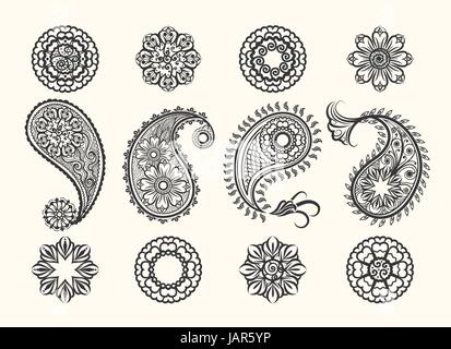 Henna tatoo paisley icons set. Les éléments ornementaux de haute qualité Mehndi. Vector illustration Illustration de Vecteur