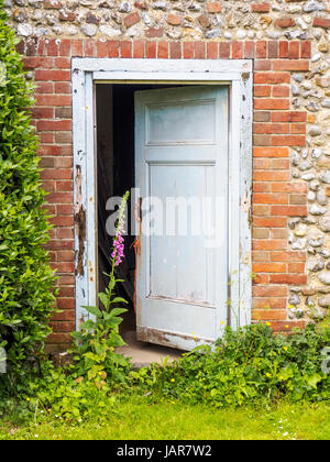 Vieilles portes en bois en briques et silex murs dans un jardin rustique à Norfolk, en Angleterre. Banque D'Images