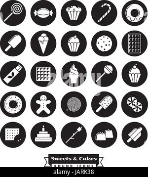 Bonbons, gâteaux, bonbons, collection icône glyphe vecteur négatif en cercles noirs Illustration de Vecteur