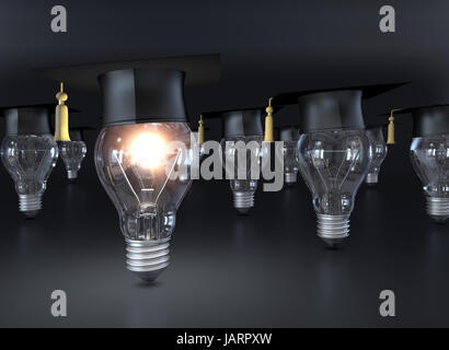 Les ampoules avec des chapeaux, qu'une lampe est allumée, le concept de l'éducation (rendu 3d) Banque D'Images
