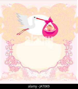 Baby Girl - Carte stork delivering a cute baby girl. Banque D'Images