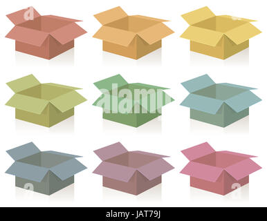 Les paquets de couleur - neuf différents illustré en trois dimensions, ouvrir des boîtes de carton sur fond blanc. Banque D'Images