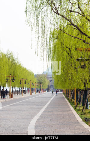 Voyage en Chine - les gens sur la route sur le quai Yidong Yi River walk à monument bouddhiste chinois Grottes de Longmen (La Porte du Dragon de grottes de Longmen, Cav Banque D'Images