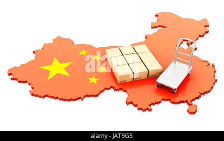 Moteur de rendu 3d image. Carte de la Chine avec les cartons et le camion de main. Le transport mondial et à la ligne shopping concept. Isolé sur fond blanc Banque D'Images