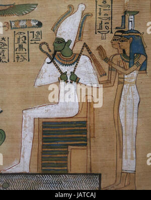 Livre des morts. Arrêt de scribe Hunefer. 19e dynastie. 1300 AEC. Osiris, Isis et Nephthys assis avec. British Museum. Londres. Banque D'Images