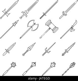 16 facile à utiliser les icônes de la ligne d'armes conçues comme des armes tranchantes pour combattre fermé Illustration de Vecteur