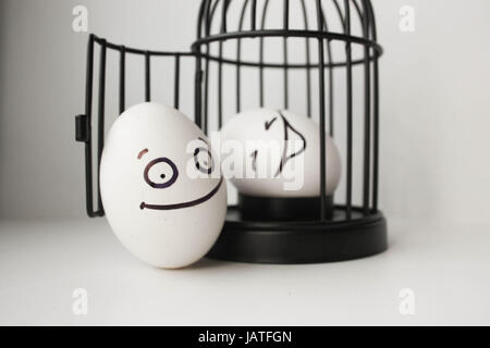 Les oeufs au visage peint. La photo pour votre conception. deux oeufs. Smiling oeuf dans une cage. Banque D'Images