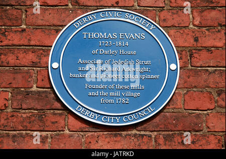 Thomas Evans Blue Plaque à Darley Abbey Mills à Derby Banque D'Images