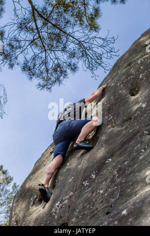 Les grimpeurs de bloc en forêt Fontainebleau France Banque D'Images