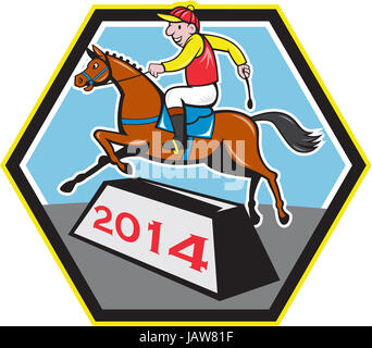 Illustration d'un horse and jockey sautant par-dessus l'année 2014 avec l'obstacle qui est l'année du cheval fait en cartoon style isolé sur fond blanc. Banque D'Images