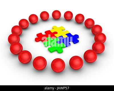 Sphères 3d autour de quatre pièces du puzzle Banque D'Images